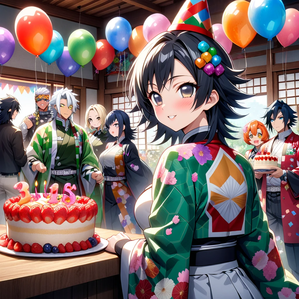 Ultra detailed, high resolution, absurd, HDR, masterpiece, anime man and woman, beautiful woman (with long white hair with deep red highlights, woman (with yellow eyes), haori, wearing anime uniform demon slayer corps, Kimetsu No Yaiba, the woman is holding a birthday cake, everyone is wearing a birthday hat, balloons on the ceiling, sweets, handsome Tomioka Giyu, Hashira, Sanemi Shinazugawa, Uzui Tengen, party, birthday hats, Japanese house, best quality, extremely detailed face, anime, it’s the birthday of the white hair woman, other girl with orange hair and eyes, blond kid, everybody is happy