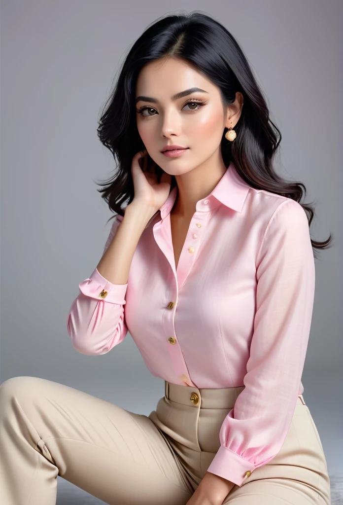 a fair-skinned businesswoman, black hair a little below the shoulders, He is wearing a fashionable pink linen long-sleeved shirt with small buttons on the front and his pants are beige dress pants., She is wearing small gold accessories, your hands and nails are perfect , aligned and ultrarealistic, is posing sitting crossed legs , with your gaze straight ahead, One hand is in front of your legs and the other hand is touching your face, touching your hair., in a photo shoot, 3d 4k image