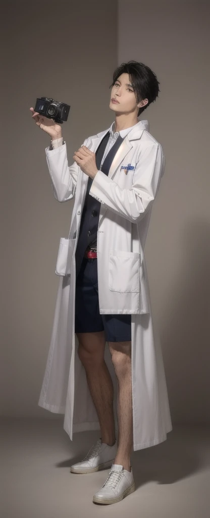 (photorealistic:1.2), (high detail face:1.3), (high detail hands:1.3), (anatomically correct hands:1.2), handsome young asian man, Japanese idol style, short clean-cut hair, ((center part)), white lab coat, black hoodie underneath, calm confident expression, hands in lab coat pockets, plain white background, portrait, high quality, detailed, 8K, (realistic skin texture:1.2), (sharp focus:1.1)