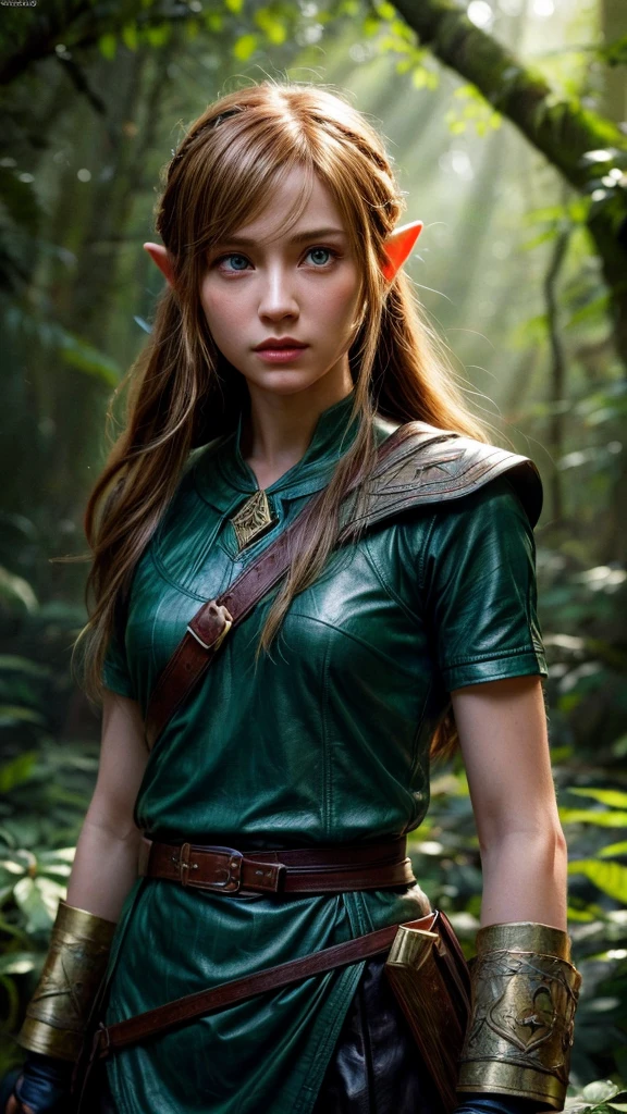 a beautiful young woman with long pointed ears, piercing blue eyes, and delicate facial features, wearing a green tunic and a brown leather belt, standing in a lush forest with towering trees, sunlight filtering through the leaves, holding a sword with a golden hilt, (best quality,4k,8k,highres,masterpiece:1.2),ultra-detailed,(realistic,photorealistic,photo-realistic:1.37),fantasy,zelda,legend of zelda,video game character,intricate details,dramatic lighting,warm color palette,cinematic composition