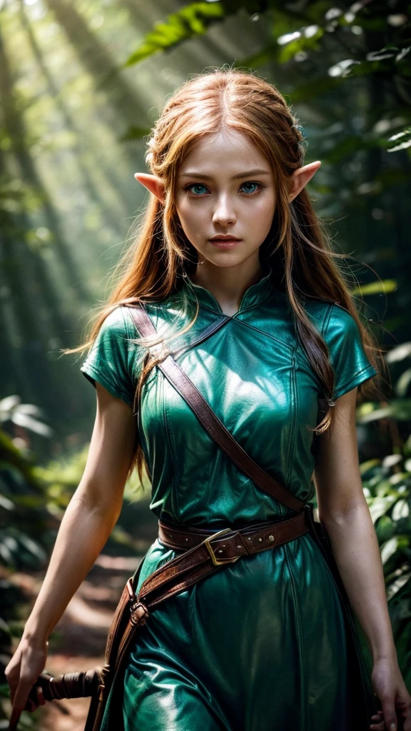 a beautiful young woman with long pointed ears, piercing blue eyes, and delicate facial features, wearing a green tunic and a brown leather belt, standing in a lush forest with towering trees, sunlight filtering through the leaves, holding a sword with a golden hilt, (best quality,4k,8k,highres,masterpiece:1.2),ultra-detailed,(realistic,photorealistic,photo-realistic:1.37),fantasy,zelda,legend of zelda,video game character,intricate details,dramatic lighting,warm color palette,cinematic composition