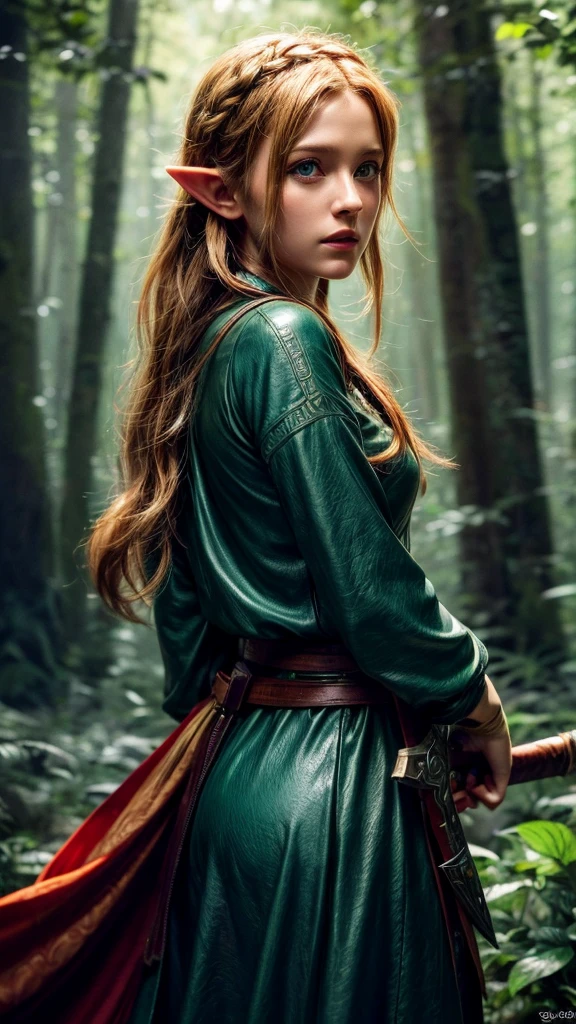 a beautiful young woman with long pointed ears, piercing blue eyes, and delicate facial features, wearing a green tunic and a brown leather belt, standing in a lush forest with towering trees, sunlight filtering through the leaves, holding a sword with a golden hilt, (best quality,4k,8k,highres,masterpiece:1.2),ultra-detailed,(realistic,photorealistic,photo-realistic:1.37),fantasy,zelda,legend of zelda,video game character,intricate details,dramatic lighting,warm color palette,cinematic composition