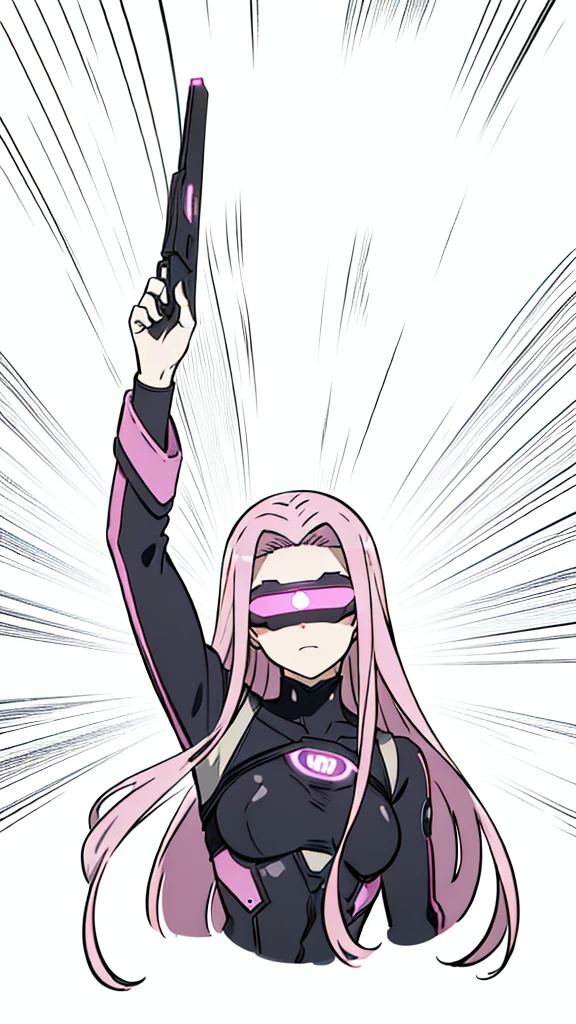 (1girl,20 years old,solo,adult),pink hair,long hair,(medusa hair),serious,((black bodysuit)),(white background,line drawing),head-mounted display,upper body