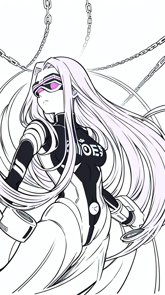 (1girl,20 years old,solo,adult),pink hair,long hair,(medusa hair),serious,((black bodysuit)),(white background,line drawing),head-mounted display,upper body