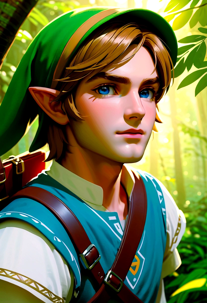 A highly detailed portrait of Link from the Legend of Zelda, a young hero with piercing blue eyes, a strong jawline, and short brown hair, wearing his iconic green tunic and cap, set in a lush, vibrant forest with sunlight filtering through the trees, detailed foliage and flora in the background, (best quality,4k,8k,highres,masterpiece:1.2),ultra-detailed,(realistic,photorealistic,photo-realistic:1.37),hyperrealistic, intricate details, sharp focus, physically-based rendering, vibrant colors, dramatic lighting, adventure, heroic