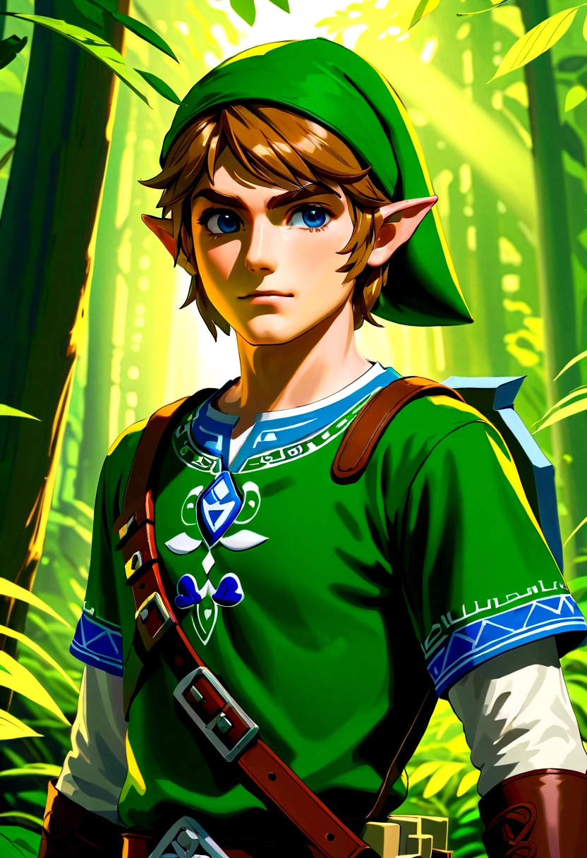 A highly detailed portrait of Link from the Legend of Zelda, a young hero with piercing blue eyes, a strong jawline, and short brown hair, wearing his iconic green tunic and cap, set in a lush, vibrant forest with sunlight filtering through the trees, detailed foliage and flora in the background, (best quality,4k,8k,highres,masterpiece:1.2),ultra-detailed,(realistic,photorealistic,photo-realistic:1.37),hyperrealistic, intricate details, sharp focus, physically-based rendering, vibrant colors, dramatic lighting, adventure, heroic