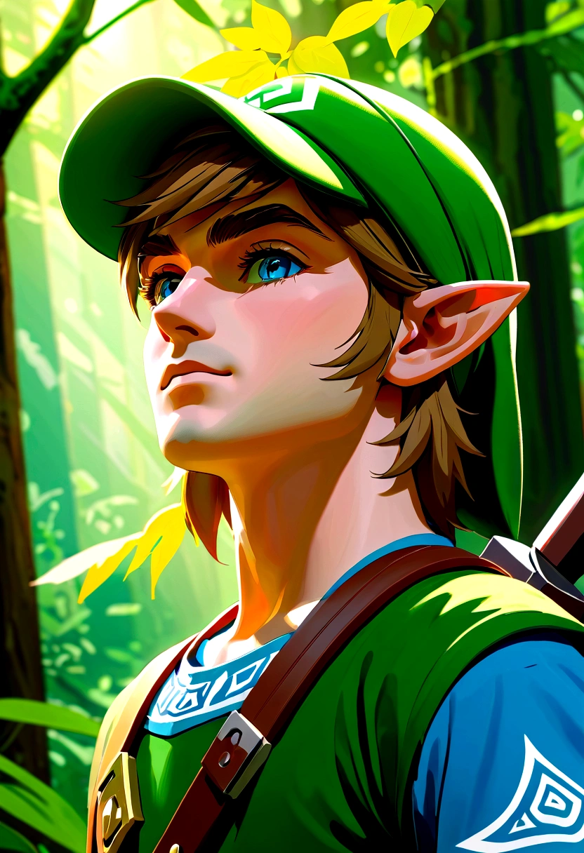 A highly detailed portrait of Link from the Legend of Zelda, a young hero with piercing blue eyes, a strong jawline, and short brown hair, wearing his iconic green tunic and cap, set in a lush, vibrant forest with sunlight filtering through the trees, detailed foliage and flora in the background, (best quality,4k,8k,highres,masterpiece:1.2),ultra-detailed,(realistic,photorealistic,photo-realistic:1.37),hyperrealistic, intricate details, sharp focus, physically-based rendering, vibrant colors, dramatic lighting, adventure, heroic