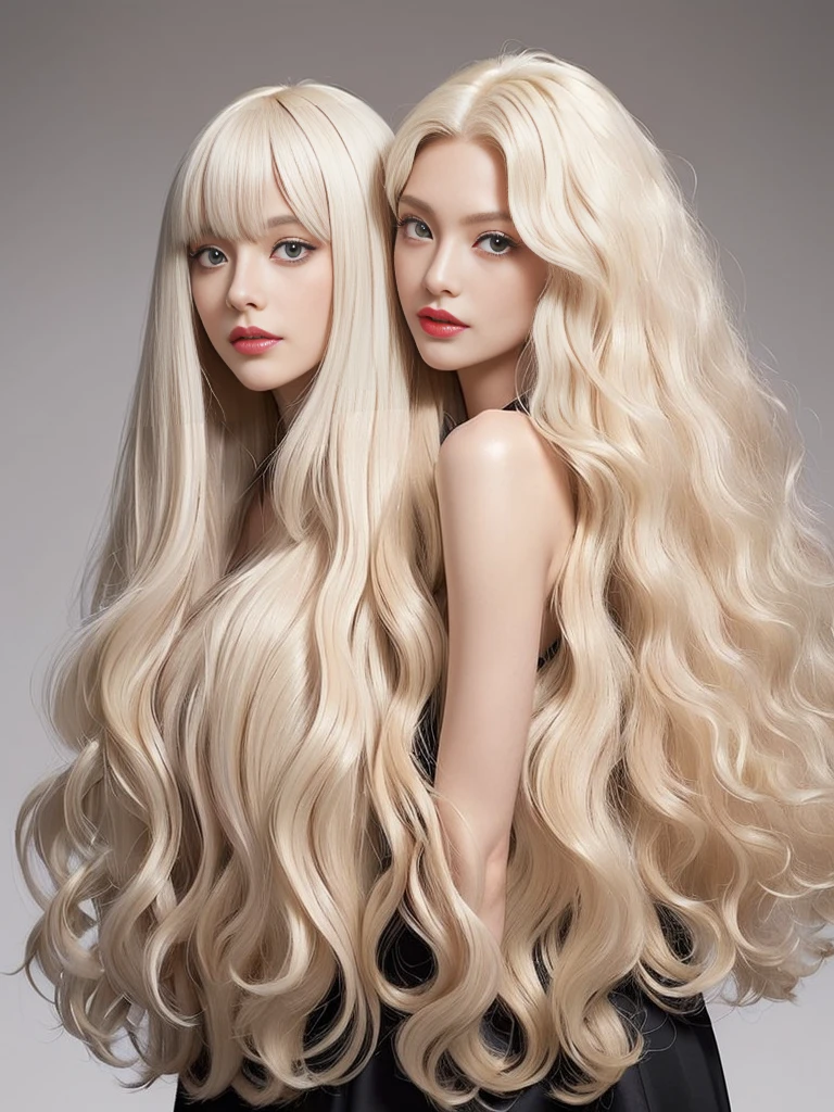 (White wall background:1.4. Upper body photo from the knees up) ((Random hip poses showing as much back and hair as possible)) ((Beautiful model with long platinum blonde hair, girl with super length Hair, extremely length Hair, extra length Hair, very long, Flowing Hair, very length Hair, length Hair girl, very long, Flowing platinum blonde hair, length Hair windy, very longプラチナブロンドヘア, length, Flowing Hair, length and or curly hair, with length Hair, length Hair!!!! Her Highest quality hair is long and 真っ直ぐ or curly hair very long, Highest qualityのプラチナブロンド, length hair in the center, Highest quality long Straight or curly hair, length, Straight or curly hair, beautiful, High quality platinum blonde hair, length and platinum blonde hair highest quality Straight or curly hair, length Hair, length and Straight or curly hair, Highest qualityのプラチナブロンドヘア, Perfect silky Straight or curly hair of the Highest quality, Straight or curly hair, Highest qualityのプラチナブロンドヘア, length platinum blonde hair Straight or curly hair, length, Bright platinum blonde hair Her hair is long and Straight or curly hair, very longプラチナブロンドヘア, length hair in the center, length Straight or curly hair, length, Straight or curly hair, beautiful hair of the Highest quality, length Hair, length, Straight or curly hairプラチナブロンドヘア , length and free Straight or curly hair Platinum blonde hair, Straight or curly hair Platinum blonde hair)) (Her bangs are perfect.:1.3) ((Highest quality)) ((masterpiece)) (family friendly) (Get used to it) (Received a sensual make-up treatment by a professional make-up artist.... Exquisite texture:1.4 Bright red lipstick!!! Beautiful black eyeliner) Perfect Woman'face (Her face is dignified そして sexy) ((Her eyebrows are very thin:1.8)) Perfect Woman'face (Her face shape is thinner than average:1.8) (Her eyes are larger than average:1.8 Her nose is higher than average:1.8) (She is more glamorous than the average French woman.:1.5 Her skin is the typical complexion of t