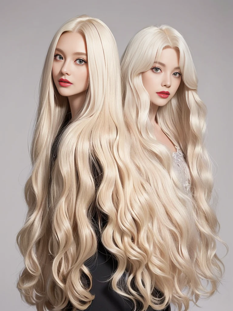 (White wall background:1.4. Upper body photo from the knees up)　((Random hip poses showing as much back and hair as possible))　((Beautiful model with long platinum blonde hair, girl with super length Hair, extremely length Hair, extra length Hair, very long, Flowing Hair, very length Hair, length Hair girl, very long, Flowing platinum blonde hair, length Hair windy, very longプラチナブロンドヘア, length, Flowing Hair, length and or curly hair, with length Hair, length Hair!!!!　Her Highest quality hair is long and 真っ直ぐ or curly hair very long, Highest qualityのプラチナブロンド, length hair in the center, Highest quality long Straight or curly hair, length, Straight or curly hair, beautiful, High quality platinum blonde hair, length and platinum blonde hair highest quality Straight or curly hair, length Hair, length and Straight or curly hair, Highest qualityのプラチナブロンドヘア, Perfect silky Straight or curly hair of the Highest quality, Straight or curly hair, Highest qualityのプラチナブロンドヘア, length platinum blonde hair　Straight or curly hair, length, Bright platinum blonde hair　Her hair is long and Straight or curly hair, very longプラチナブロンドヘア, length hair in the center, length Straight or curly hair, length, Straight or curly hair, beautiful hair of the Highest quality, length Hair, length, Straight or curly hairプラチナブロンドヘア , length and free Straight or curly hair Platinum blonde hair, Straight or curly hair Platinum blonde hair))　(Her bangs are perfect.:1.3)　((Highest quality))　((masterpiece))　(family friendly)　(Get used to it)　　(Received a sensual make-up treatment by a professional make-up artist....　Exquisite texture:1.4　Bright red lipstick!!!　Beautiful black eyeliner)　Perfect Woman&#39;face　(Her face is dignified そして sexy)　((Her eyebrows are very thin:1.8))　Perfect Woman&#39;face　(Her face shape is thinner than average:1.8)　(Her eyes are larger than average:1.8　Her nose is higher than average:1.8)　(She is more glamorous than the average French woman.:1.5　Her skin is the typical complexion of t