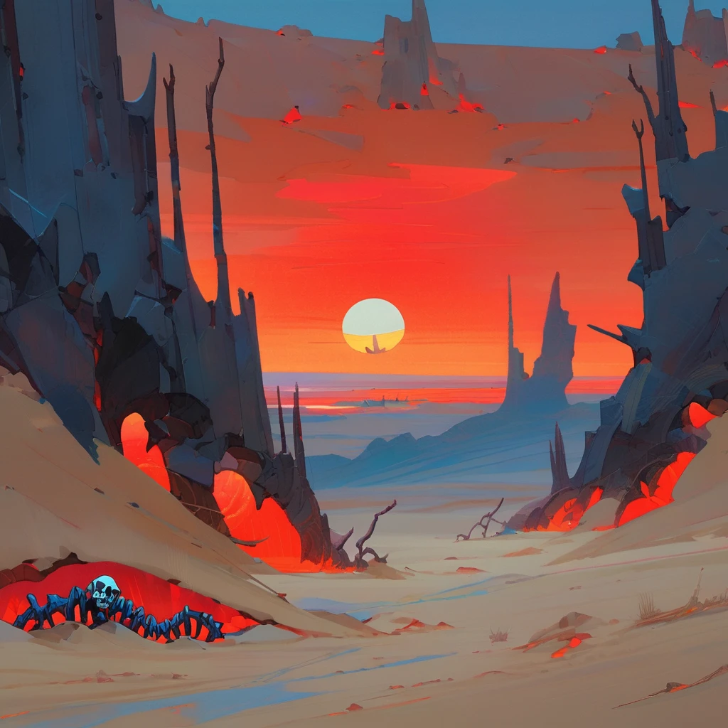 Old West, Desert, horizon, blue Night , from far, Oil paint, red sun,(only blue and black color palette), Giant glass shards in sand, spiky glass structures, massive giant worm crawling in the dunes, sand dunes, dune, worm, darkness, Scary, human Skeleton