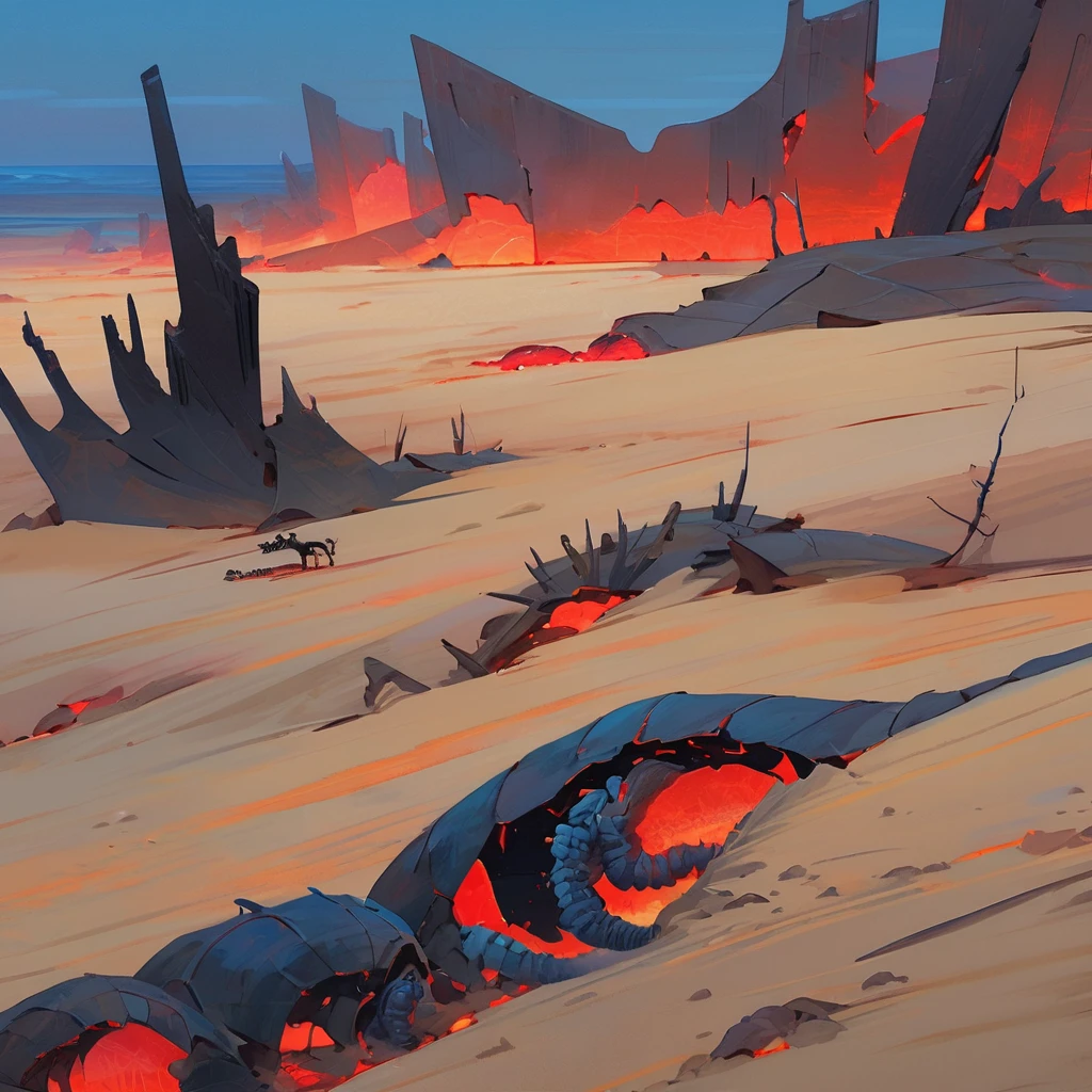 Old West, Desert, horizon, blue Night , from far, Oil paint, red sun,(only blue and black color palette), Giant glass shards in sand, spiky glass structures, massive giant worm crawling in the dunes, sand dunes, dune, worm, darkness, Scary, human Skeleton
