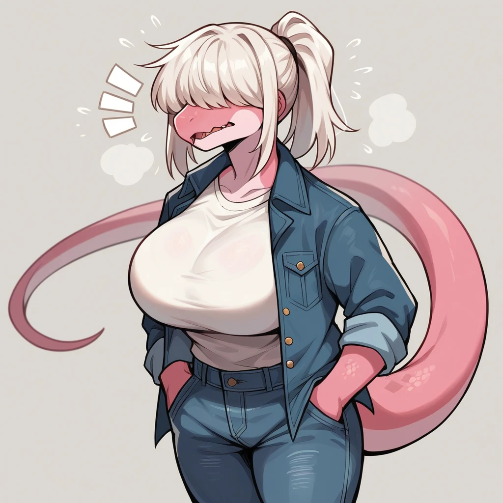 a one woman, Pink skin, white ponytail hair with a multicolored lock of hair, eyes covered by hair, "Hair over Eyes", Exaggerated breasts, body with exaggerated volume in the bust, curved sensual body, jaket, hands in pocket, regatta, jeans, Black boots, image focuses on the Character. Lizard snout lizard&#39;s pointed snout, neckleace, mouth closes shiny, pink lips, glowing skin, huge peitos, exaggerated breasts, gigantic breastss Extremely large breasts peitos gigantescos pls