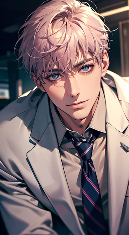 (Highest quality,4K,8K,High resolution,masterpiece:1.2),Super detailed,(Realistic,photoRealistic,photo-Realistic:1.37),1 person,31 years old,Mature Men,Beautiful skin、very handsome,Expressionless,smile,Short gray pink hair,blue eyes,Sharp Eyes,A perfect face without a doubt,Businessman,Office Background,Cinema Lighting,HDR image,tie、