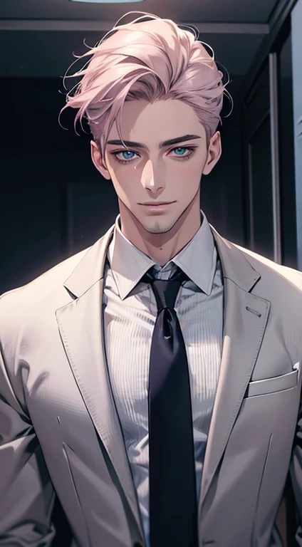 (Highest quality,4K,8K,High resolution,masterpiece:1.2),Super detailed,(Realistic,photoRealistic,photo-Realistic:1.37),1 person,31 years old,Mature Men,Beautiful skin、very handsome,Expressionless,smile,Short gray pink hair,blue eyes,Sharp Eyes,A perfect face without a doubt,Businessman,Office Background,Cinema Lighting,HDR image,tie、