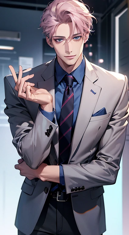 (Highest quality,4K,8K,High resolution,masterpiece:1.2),Super detailed,(Realistic,photoRealistic,photo-Realistic:1.37),1 person,31 years old,Mature Men,Beautiful skin、very handsome,Expressionless,smile,Short gray pink hair,blue eyes,Sharp Eyes,A perfect face without a doubt,Businessman,Office Background,Cinema Lighting,HDR image,tie、