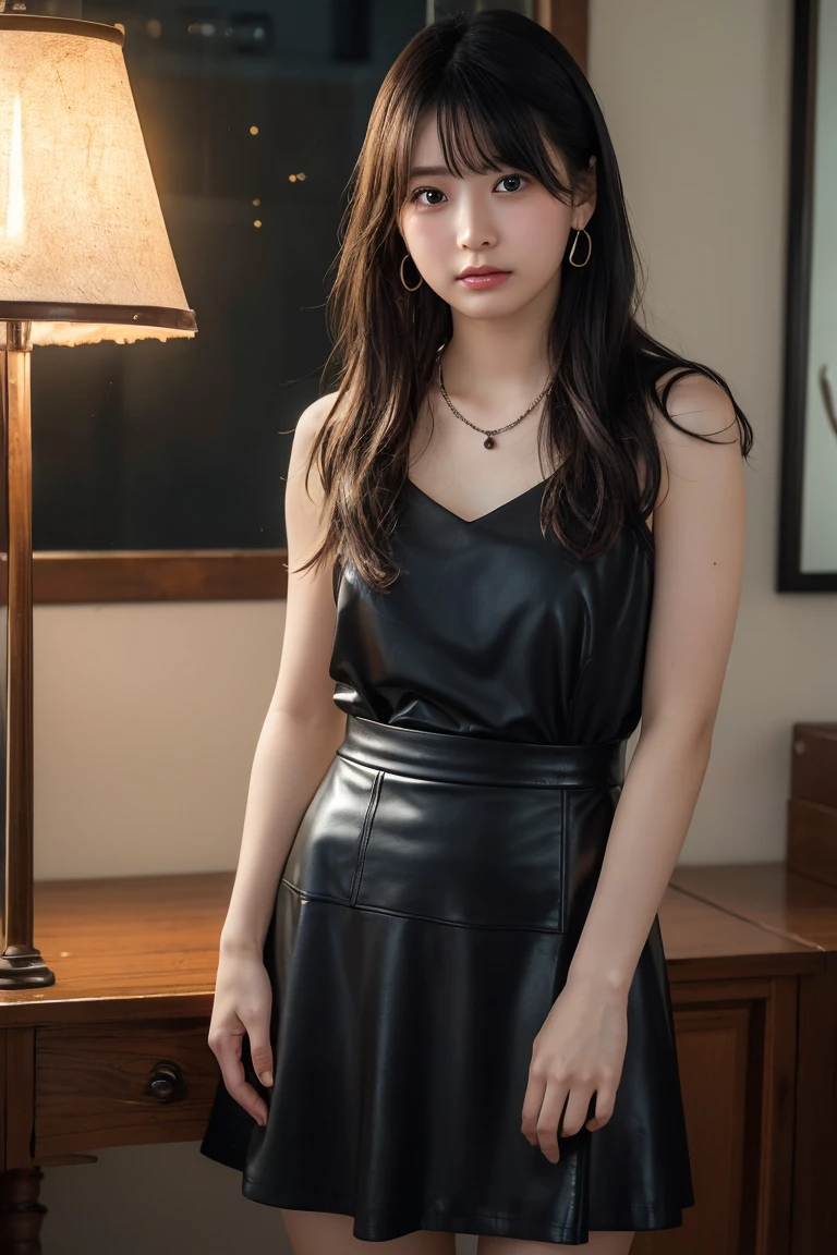 (Highest quality:1.4),(masterpiece:1.4),(Realistic:1.4),(Realistic:1.2),(超High resolution, RAW Photos:1.4),(High resolution, Ultra-detailed:1.2),(8K:1.2),View your viewers,Cinematic photography,One girl,skeletally correct,Black-haired woman,(Small earrings,necklace,A leather dress that fits perfectly to the body,Beautiful body lines),(Western-style building interior,Dimly lit room,The lamplight shines on my cheeks)