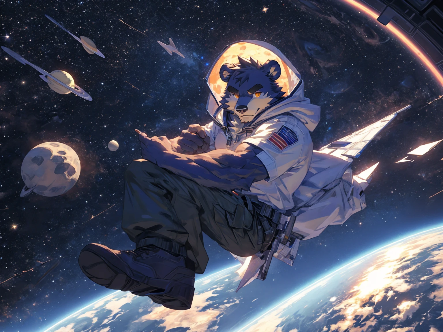 (masterpiece:1.2), best quality,pixiv,official art,perfect anatomy, (Ray tracing, light),solo, (1_male:1.3) , (muscle), (grey fur:1.4), (muscle bear), (beard:1.2), (gleaming golden eyes), bear tail, full body, Thick black eyebrows,(open hooded parka), (naked inside), (cargo pants:1.2), boots , (in the space:1.3) , star , planet , earth , asteroid , (character floating :1.3)