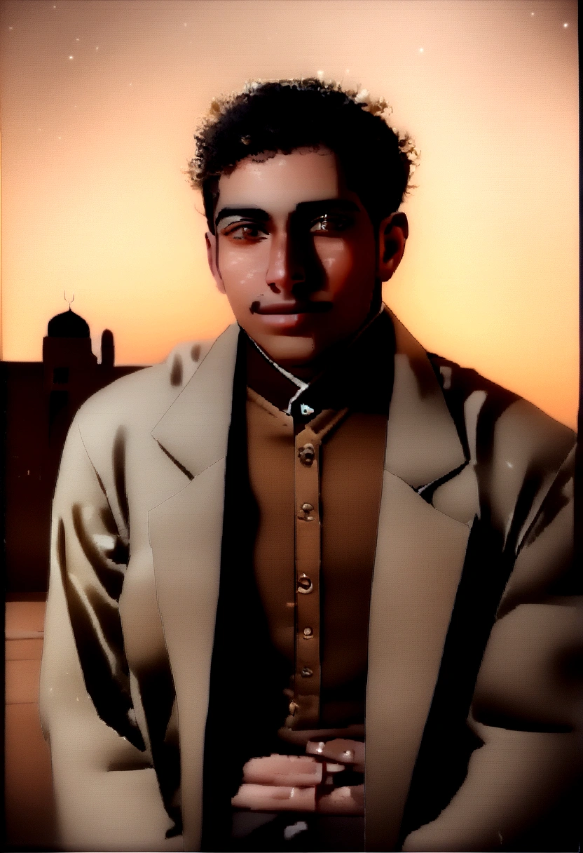 World Press Photo Award Winner, (Award-winning photography:1.3), (Modern Moroccan Man, Pretty Face, young people, Moroccan skin color, Typical Yemeni male traits:1.4), (very sharp photo:1.1), (8K, Raw photo, best quality:1.3), (Practical, photo-Practical, Plain clothes:1.1), Riad rooftop, marrakech landscape, Romantic, Moroccan lamps, Sexy, Gorgeous roses, Dissonance, 闪烁的light, magic, Super romantic , portrait (beautiful typical Modern Moroccan Man under the stars:1.5), Analog style (Look at the audience:1.2) (Texture) (Film Grain:1.3), (Warm colors, Warm colors:1.2), light, Side Light, Ultra-high resolution, The best shadow, Raw, Upper Body, Wearing a robe