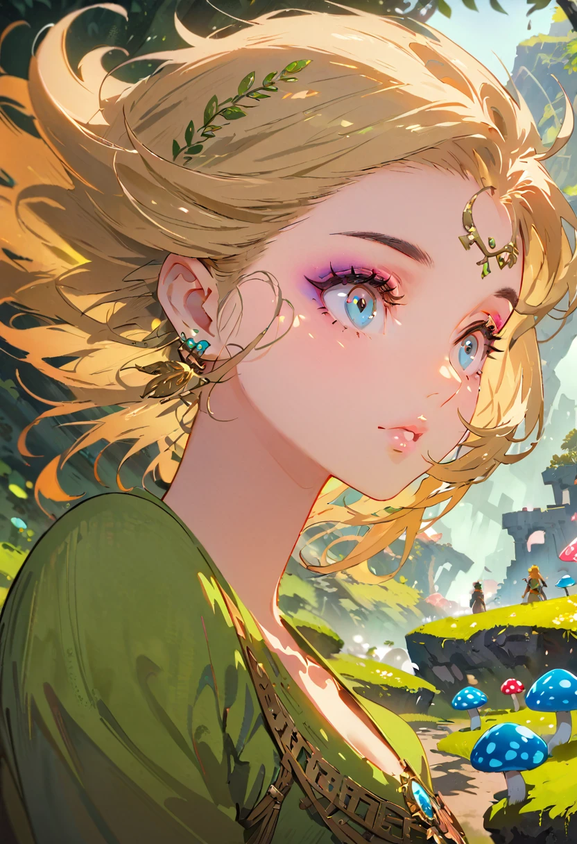 Zelda,A fantasy landscape, a girl with long golden hair, striking blue eyes, detailed facial features, Exquisite makeup,The cutest girl in the world,close_up,(The Legend of Zelda:1.2),wearing a green tunic, holding a sword, walking through a peaceful forest, sunlight filtering through the trees, magical glowing mushrooms, ancient ruins in the background, vibrant colors, cinematic lighting, intricate details, (best quality,4K,8K,highres,masterpiece:1.2),ultra-detailed,fantasy,adventure,concept art