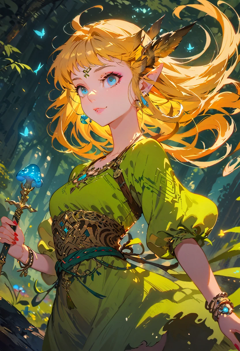 Zelda,A fantasy landscape, a girl with long golden hair, striking blue eyes, detailed facial features, Exquisite makeup,The cutest girl in the world,close_up,(The Legend of Zelda:1.2),wearing a green tunic, holding a sword, walking through a peaceful forest, sunlight filtering through the trees, magical glowing mushrooms, ancient ruins in the background, vibrant colors, cinematic lighting, intricate details, (best quality,4K,8K,highres,masterpiece:1.2),ultra-detailed,fantasy,adventure,concept art