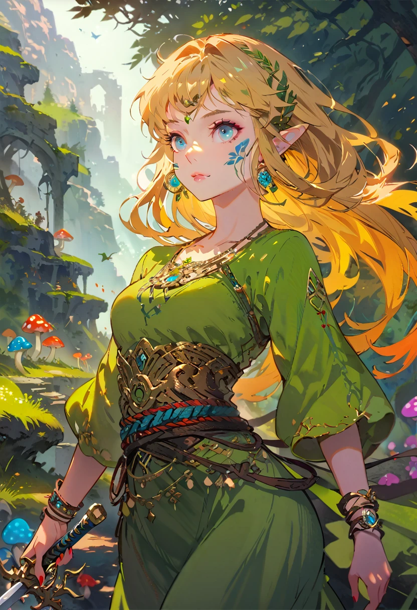 Zelda,A fantasy landscape, a girl with long golden hair, striking blue eyes, detailed facial features, Exquisite makeup,The cutest girl in the world,close_up,(The Legend of Zelda:1.2),wearing a green tunic, holding a sword, walking through a peaceful forest, sunlight filtering through the trees, magical glowing mushrooms, ancient ruins in the background, vibrant colors, cinematic lighting, intricate details, (best quality,4K,8K,highres,masterpiece:1.2),ultra-detailed,fantasy,adventure,concept art