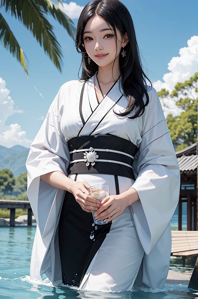 Smiling beautiful woman with black hair and white kimono drinking water under the blue sky