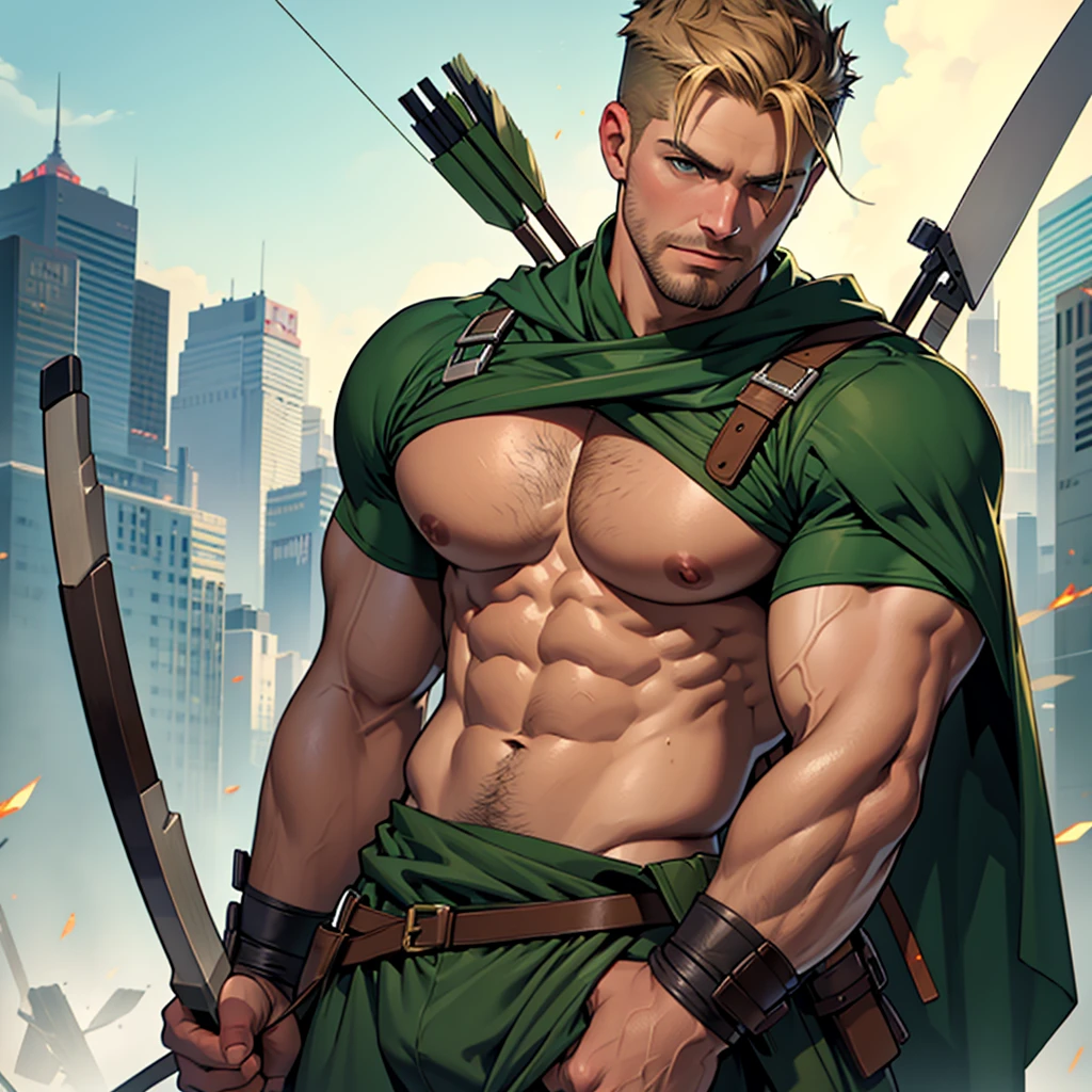 NSFW,8k, high quality , detailed face , detailed fingers ,detailed muscles stephen amell as green arrow , wearing dark green outfit , showing a dark blond short hair , a thick facial hair , hard nipples, a bulge ,hunk and handsome, shooting his arrows with a bow toward the ennemies , with the quiver on his back full of arrows background sky and city at night