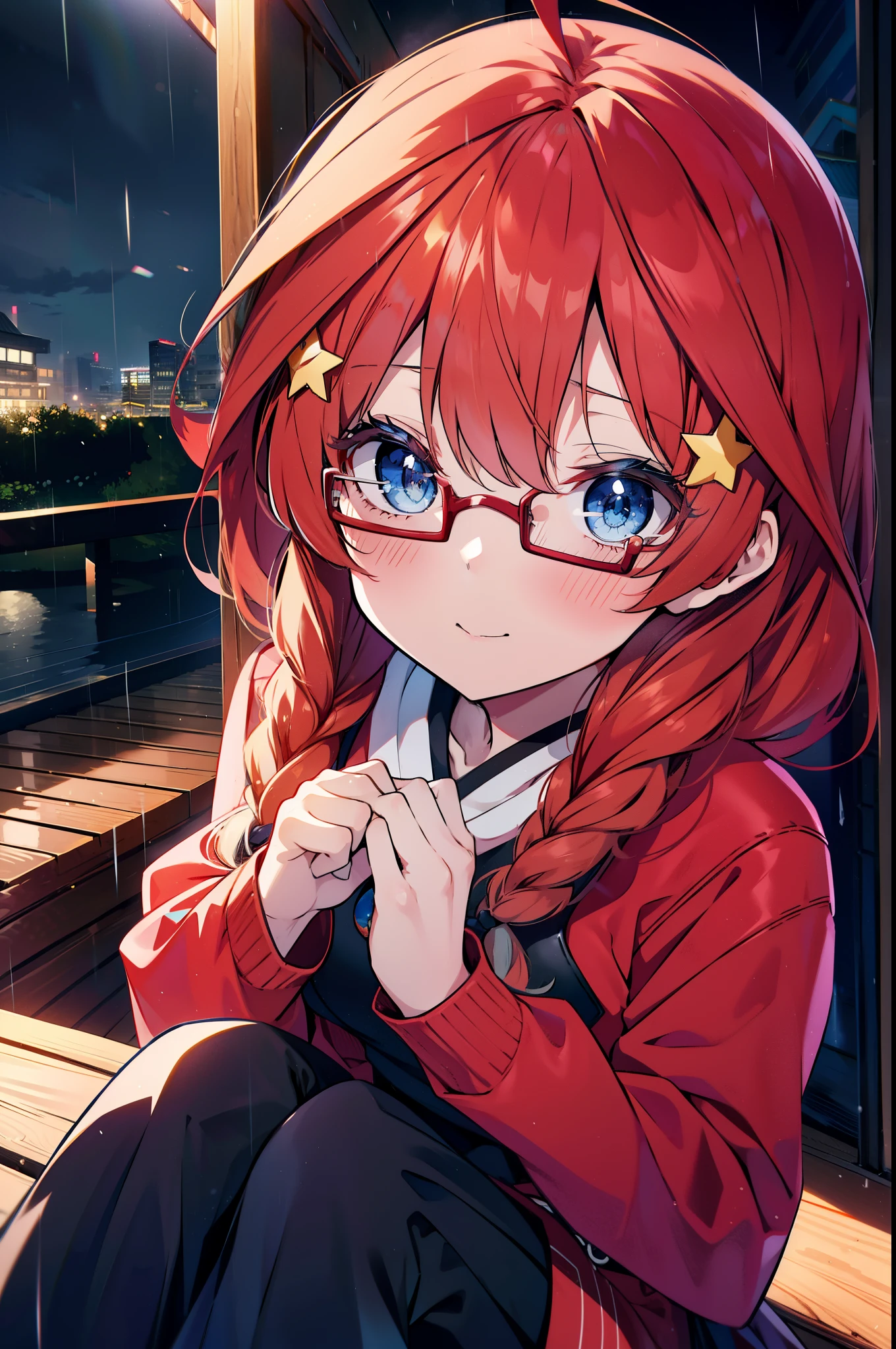 itsukinakano, itsuki nakano, bangs, blue eyes, Hair between the eyes, Ahoge, Redhead, star \(symbol\), hair ornaments, star hair ornaments,smile,blush,Long braids,Hunting Hat,Red-rimmed glasses,Oversized red hoodie and long skirt,Black pantyhose,short boots,Hiding in a roofed building,Sitting on the steps of a roofed building,rain,night,whole bodyがイラストに入るように,
break outdoors, Alley,
break looking at viewer, whole body,
break (masterpiece:1.2), Highest quality, High resolution, unity 8k wallpaper, (figure:0.8), (Beautiful attention to detail:1.6), Highly detailed face, Perfect lighting, Highly detailed CG, (Perfect hands, Perfect Anatomy),