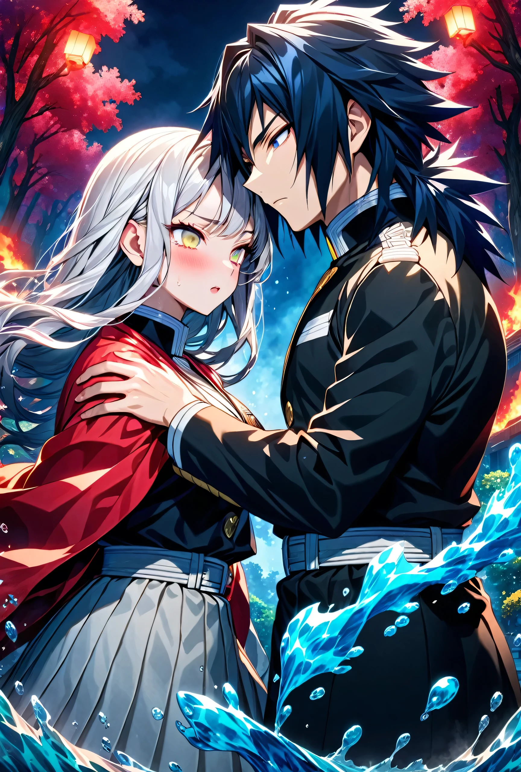 Ultra detailed, high resolution, absurd, HDR, masterpiece, anime girl and boy, beautiful woman (with long white hair with deep red streaks, woman (with yellow eyes), the woman (is wearing a red haori), long hair woman, in black demon slayer corps uniform, Kimetsu No Yaiba, fantasy, handsome, Tomioka Giyu, Hashira, Tomioka haori, Tomioka is serious and focused, couple, night, forest, best quality, extremely detailed face, anime, the woman is really hurt, the woman is covered in blood ,Tomioka is a strong man, the woman is angry, Tomioka Giyu is trying to protect the pretty woman, Tomioka is protecting his lover, both are powerfull, powerfull couple, water and blood power