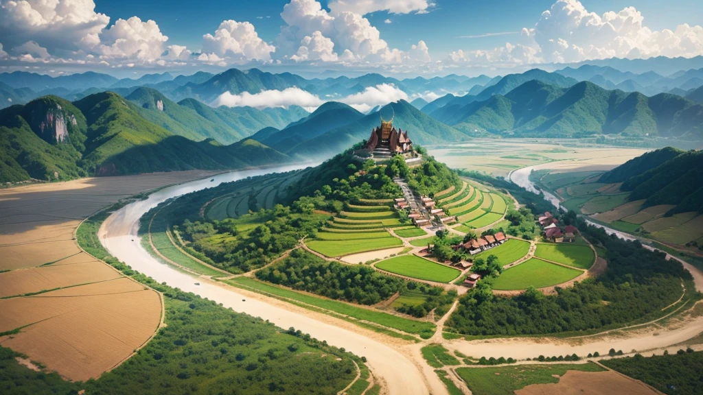 Beautiful scenery of ancient village in Myanmar. Aerial view. Photorealistic photos, High definition, 8K