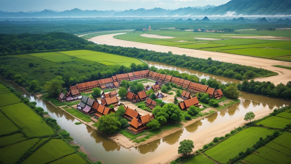 Beautiful scenery of ancient village in Myanmar. Aerial view. Photorealistic photos, High definition, 8K