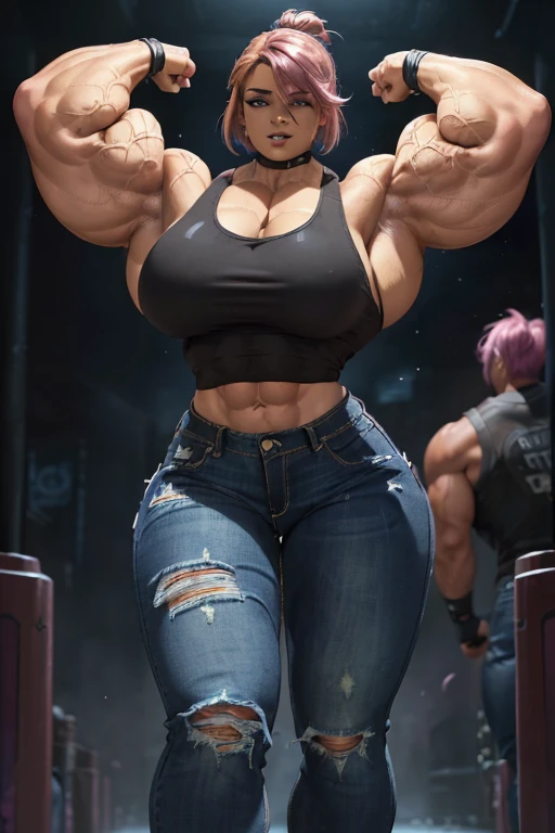 (((((Massive, beautiful, buff, light brown skinned muscular woman with shocking pink hair, black lipstick, ginormous bulky muscles, walking and wearing a black tank top with tight denim jeans))))), (close view), massive muscles, hyper muscles, angled bob cut, ((black leather tank top)), red eyes, (spiky gauntlets), choker, ((tight denim jeans)), black boots, (in the Darkened city), (Dark and moody universe:1.3), closed smile, night,