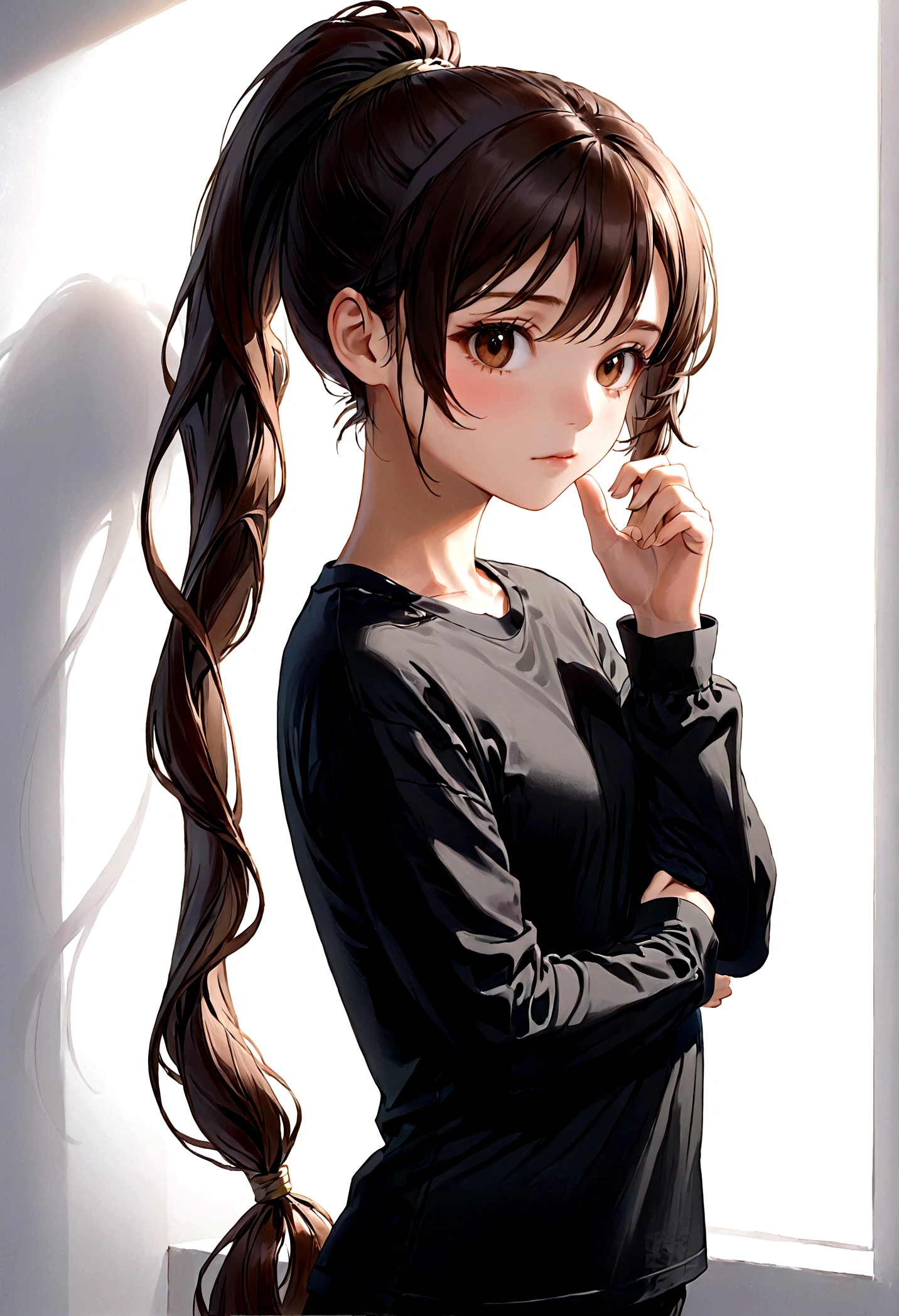 Girl with long dark brown hair tied in a ponytail, Brown eyes, Long black t-shirt with sleeves that cover half of the hand