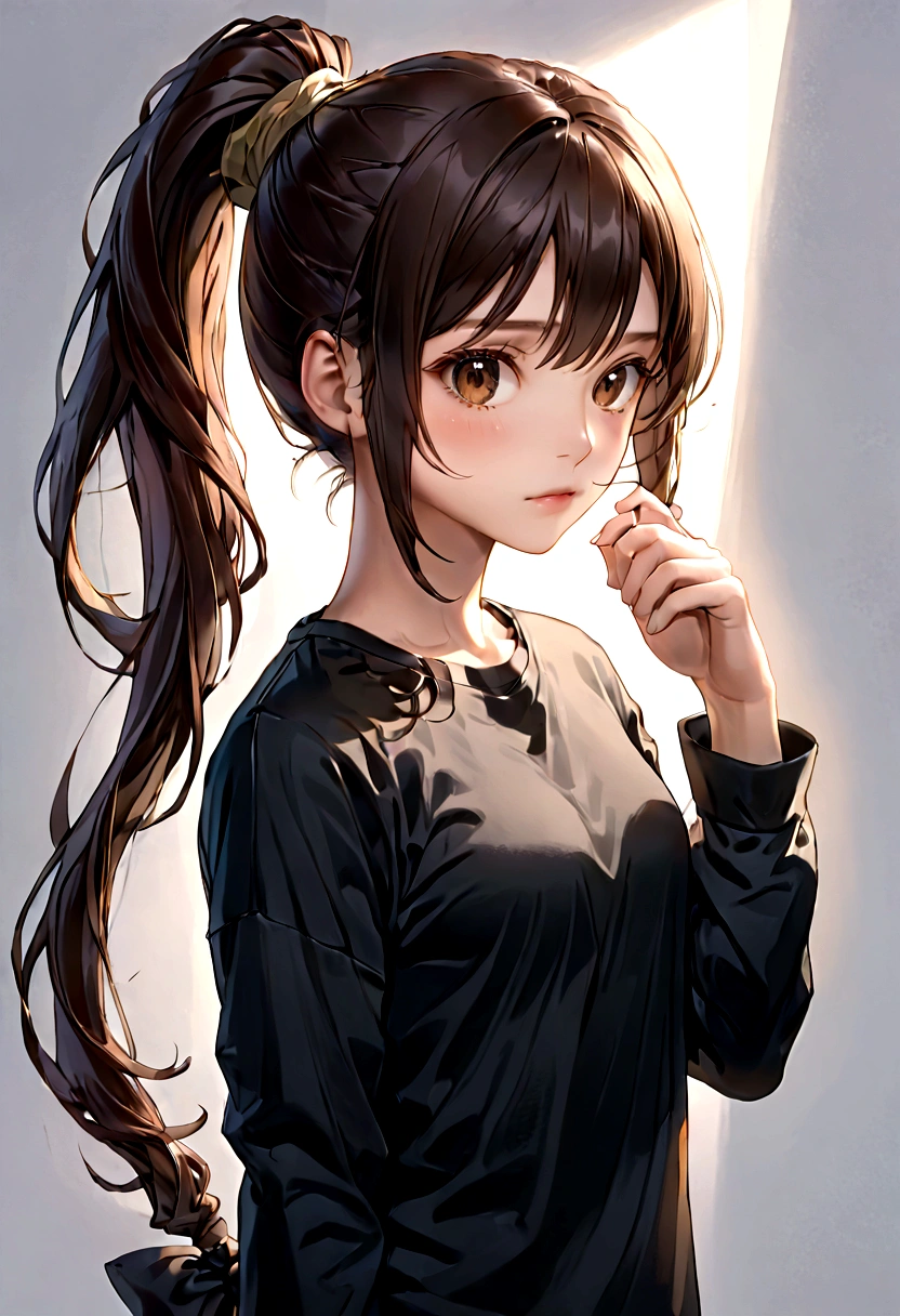 Girl with long dark brown hair tied in a ponytail, Brown eyes, Long black t-shirt with sleeves that cover half of the hand