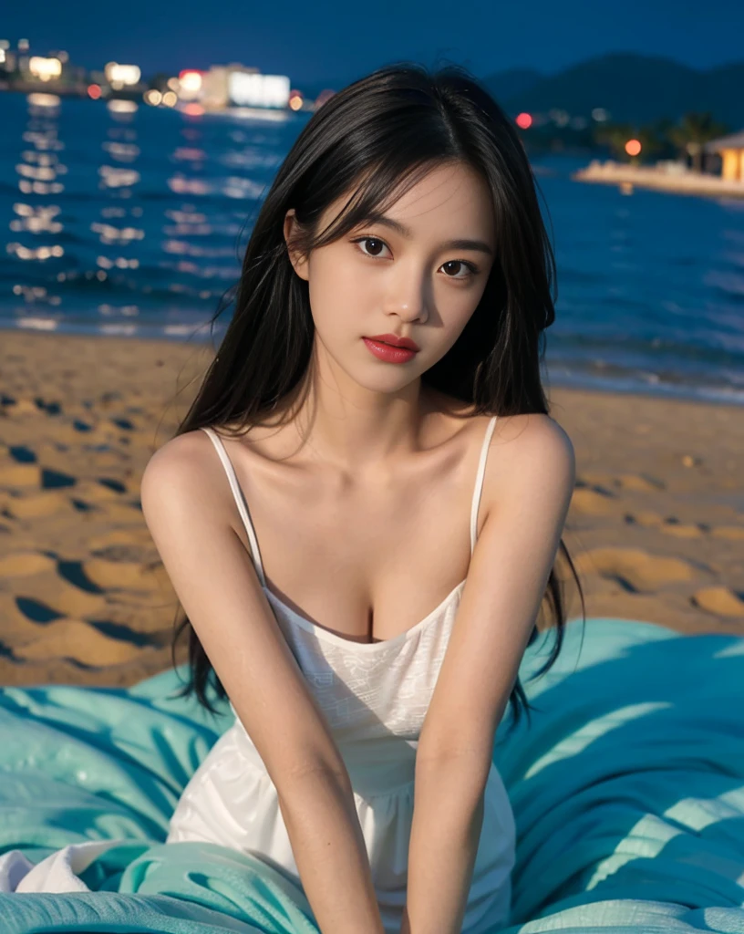towards the camera,put a face to the viewer,stand on all fours,High image quality,works of masters,daughter,black hair,long hair shawl,long hair flowing over shoulders,cropped shoulder,clavicle,exquisite face,moist red lips,white dress,clavicle,towards the camera,Single photo,hosiery,sad expression,bust,real person,(ocean,sandy beach),CG rendering,16,000,lying in bed,Put your hands behind your head.,look into the camera,The night scenery was beautiful, farewell,hyper hd,The details were perfect,the picture is real,Extreme picture quality,Highest accuracy,8K 해상도,shade of darkness,8K, yes ,Ultra HD,8K