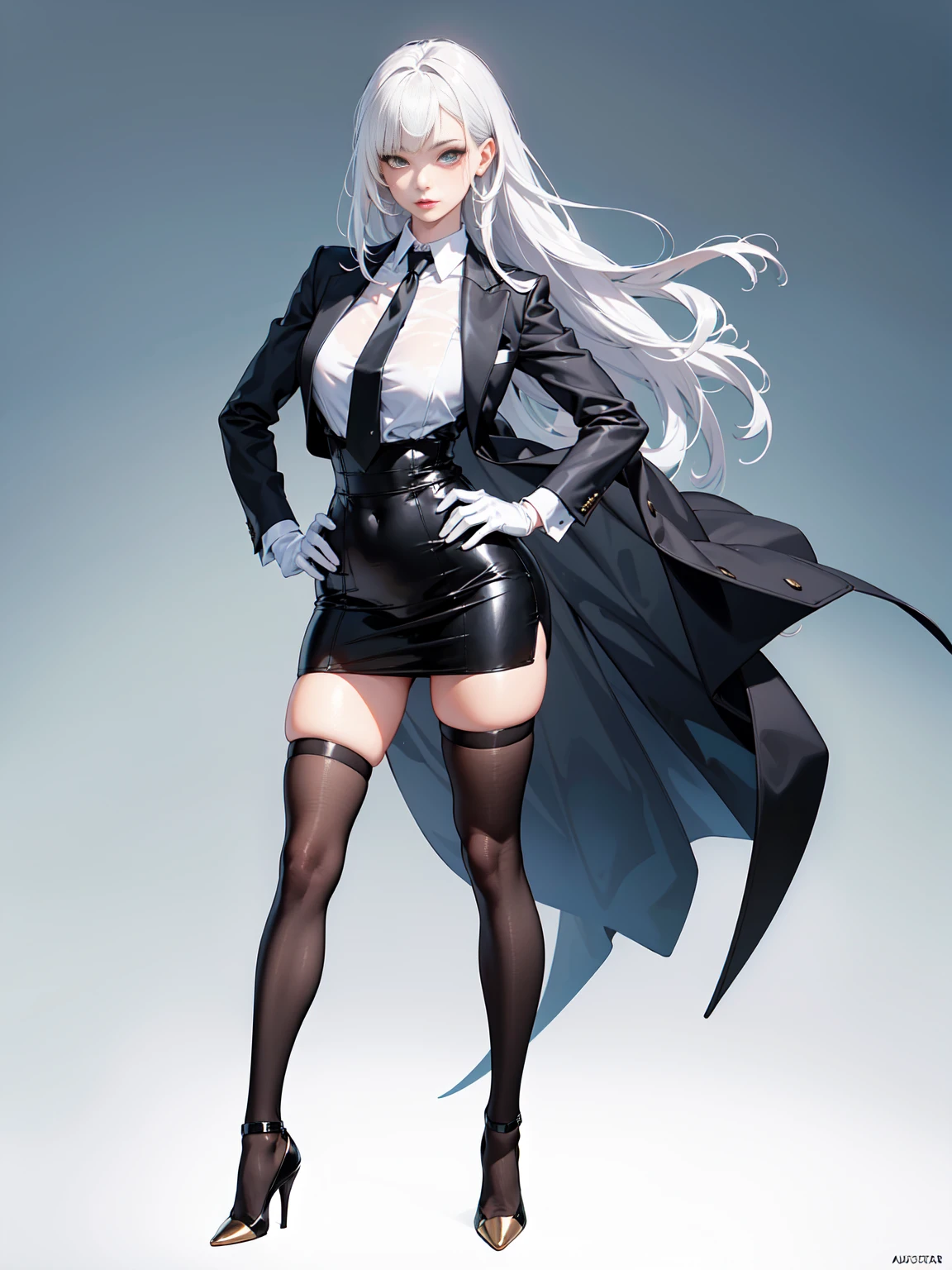 8k,cinematographic,realistic,masterpiece,best quality,detailed,absurdres,watercolor,ink,full body portrait,1girl,solo,a beautiful woman,standing,pale skin,muscled body,long white hair,bangs,golden eyes,big breasts,long sleeve black suit,full open suit,short sleeve white shirt,shirt under suit,black long tie,black short gloves,tight black high waist double split mini skirt,black thigh high,black high heels,right hand on hip,looking at viewer