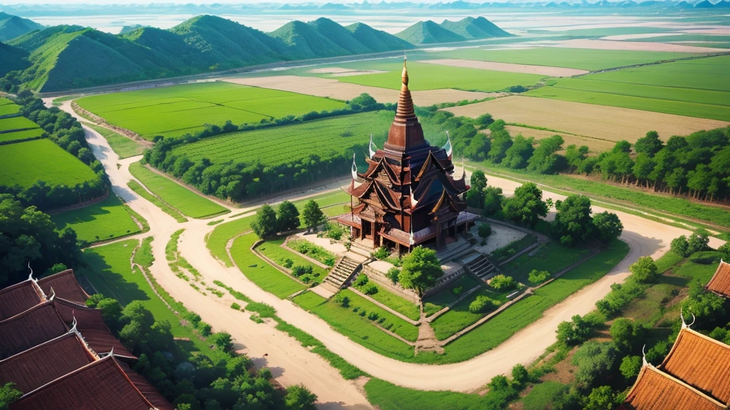 Beautiful scenery of ancient village in Myanmar. Aerial view. Photorealistic photos, High definition, 8K