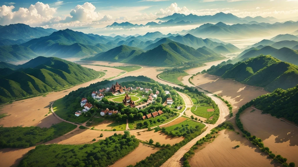 Beautiful scenery of ancient village in Myanmar. Aerial view. Photorealistic photos, High definition, 8K