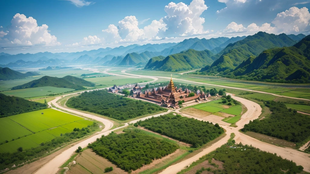 Beautiful scenery of ancient village in Myanmar. Aerial view. Photorealistic photos, High definition, 8K