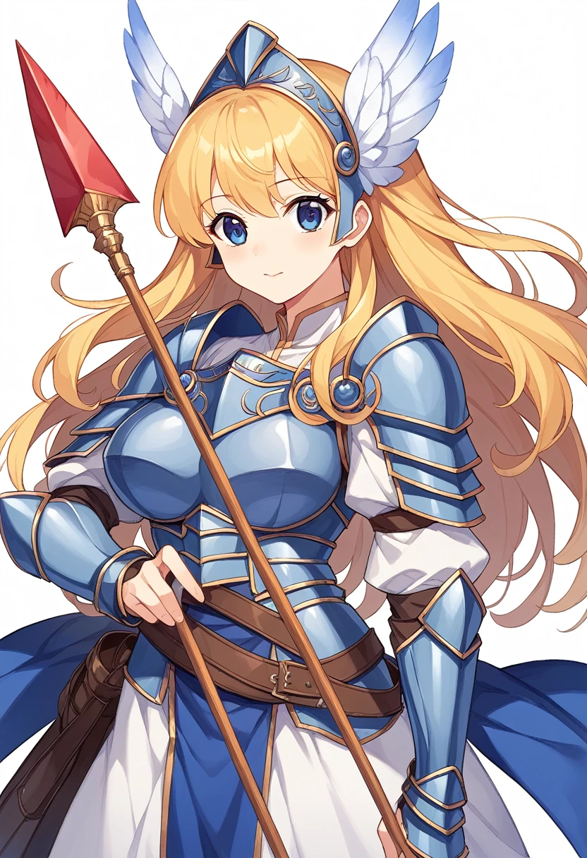 Highest quality, high resolution, High quality game art style, whole body,Valkyrie,Official Art, Smooth game CG art,Cute 3D anime girl render, Visual Novel Sprites, White background,Smooth game CG art, A woman wearing a white dress and blue armor, An intricately designed helmet with white feathers,Small shield, In his right hand he holds an elaborate long spear.,Exquisite Blue Armor,Golden Hair, long hair, female knight, Rin々Shii,Large Bust,17 years old,