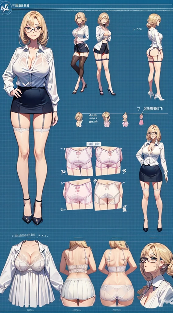 girl, alone, whole body, From head to toe, Are standing, (Huge Saggy Tits:1.3),

Character design sheet, Character Reference Sheet, 設計図のSchematic, Drafting, Blueprint, Schematic,
((Character design sheet:1.7, Character Reference Sheet:1.7,)),

anime/cartoon character wearing a girls , 1girl, alone, ,Mature Woman,Cleavage,Long sleeve,Collared shirt,White shirt,,(Tight Skirt),((garter belt)),(High heels),Skirt Suit,mini skirt,office lady,Long Hair, bow, ,  (Very short skirt:1.4), (lingerie:1.5),secretary,Thin glasses, (In underwear:1.8),nsfw,Full nudity、