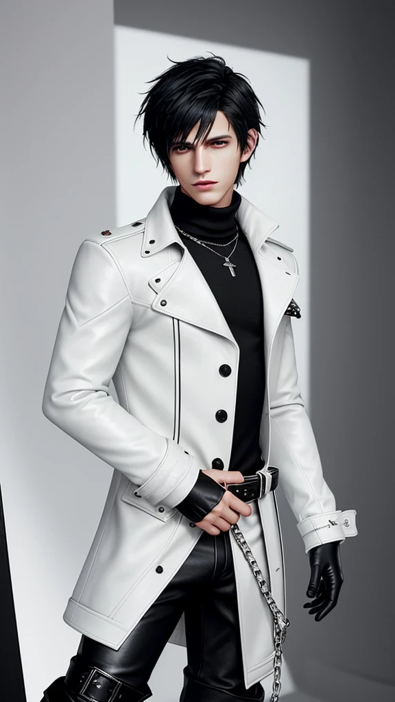 Final fantasy taste and reality graphics, Japanese young cute and cool ikemen boy, his age is early 20s, thin eyebrows and beady eyes, he wearing off white color leather thick material jacket, jacket is singlebrest, biker style jacket, with epaulet, jacket is long sleeve, must close the front of the leather jacket, , jacket is voluminous, ,must jacket is high length and stand-up collar with two belts, must front zip up of leather jacket, jacket is a little black color line pattern,close the front of the jacket, also wearing black thick material turtleneck lackluster shirts, tight black leather pants, shiny black leather tight and thin glove, black leather knee-high raceup boots,must views head-to-toe,must views whole body, boy looks like fashion model,Do not show skin from the neck down,leather jacket leather glove and leather pants have few wrinkles,boy in the room,Avoid showing your innerwear