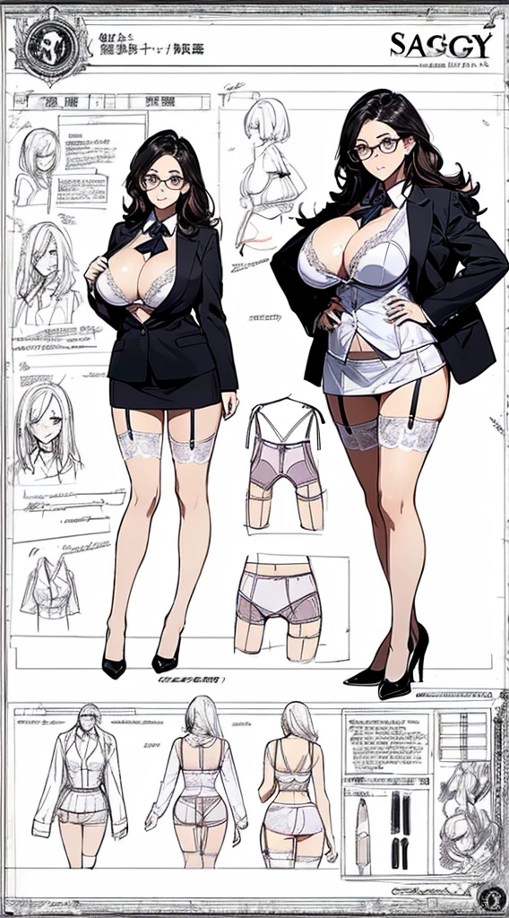 girl, alone, whole body, From head to toe, Are standing, (Huge Saggy Tits:1.3),

Character design sheet, Character Reference Sheet, 設計図のSchematic, Drafting, Blueprint, Schematic,
((Character design sheet:1.7, Character Reference Sheet:1.7,)),

anime/cartoon character wearing a girls , 1girl, alone, ,Mature Woman,Cleavage,Long sleeve,Collared shirt,White shirt,,(Tight Skirt),((garter belt)),(High heels),Skirt Suit,mini skirt,office lady,Long Hair, bow, ,  (Very short skirt:1.4), (lingerie:1.5),secretary,Thin glasses, (In underwear:1.8),nsfw,Full nudity、