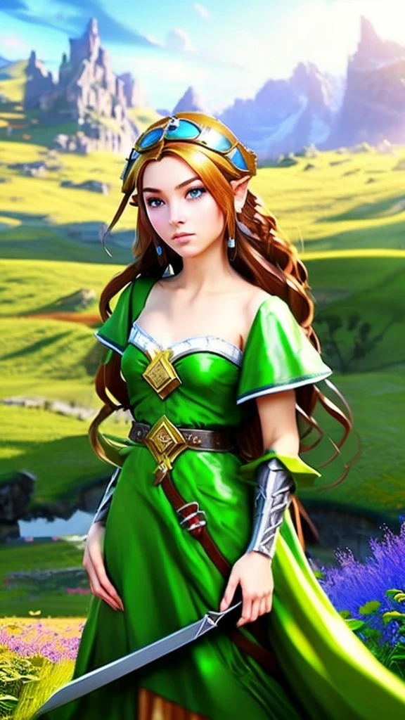 a beautiful young woman with long pointed ears, piercing blue eyes, and delicate facial features, wearing a green tunic and a brown leather belt, standing in a lush forest with towering trees, sunlight filtering through the leaves, holding a sword with a golden hilt, (best quality,4k,8k,highres,masterpiece:1.2),ultra-detailed,(realistic,photorealistic,photo-realistic:1.37),fantasy,zelda,legend of zelda,video game character,intricate details,dramatic lighting,warm color palette,cinematic composition