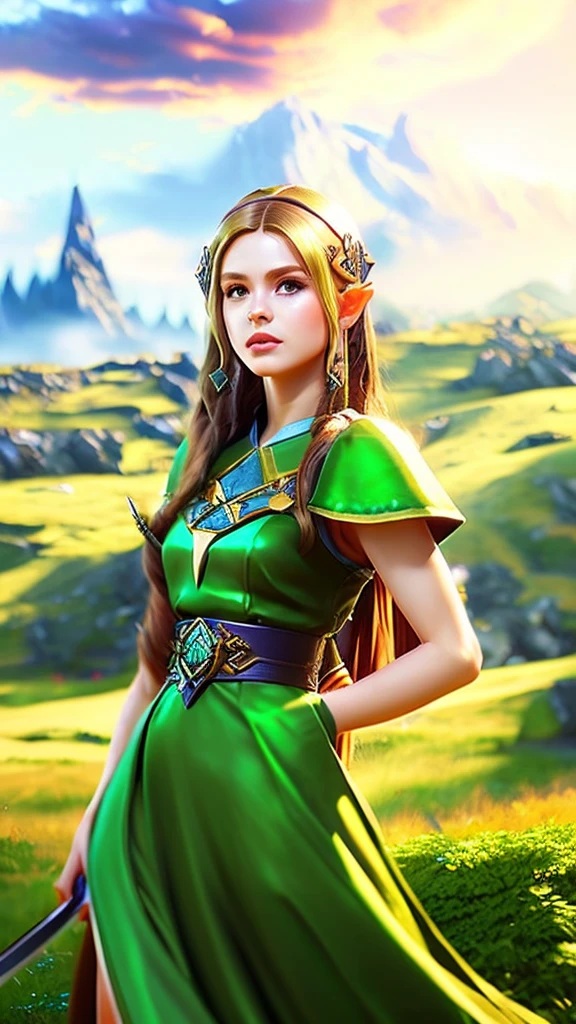 a beautiful young woman with long pointed ears, piercing blue eyes, and delicate facial features, wearing a green tunic and a brown leather belt, standing in a lush forest with towering trees, sunlight filtering through the leaves, holding a sword with a golden hilt, (best quality,4k,8k,highres,masterpiece:1.2),ultra-detailed,(realistic,photorealistic,photo-realistic:1.37),fantasy,zelda,legend of zelda,video game character,intricate details,dramatic lighting,warm color palette,cinematic composition