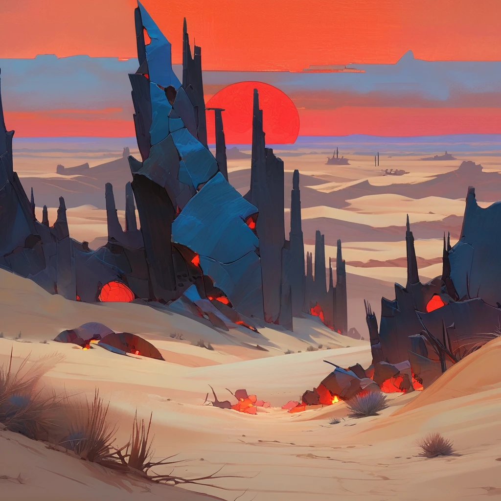 Old West, Desert, horizon, blue Night , from far, Oil paint, red sun,(only blue and black color palette), Giant glass shards in sand, spiky glass structures, sand dunes, dune, darkness, Scary, human Skeleton 