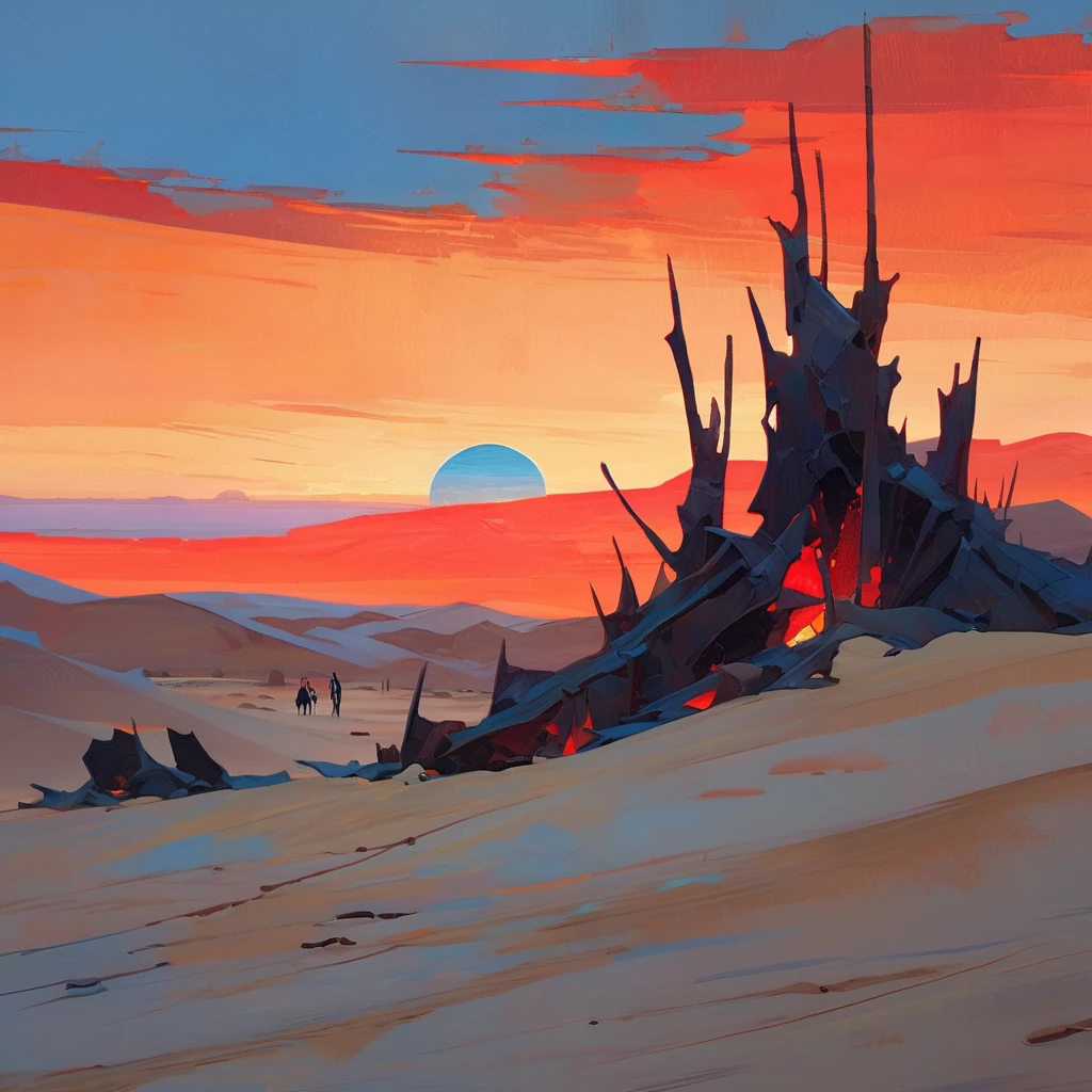 Old West, Desert, horizon, blue Night , from far, Oil paint, red sun,(only blue and black color palette), Giant glass shards in sand, spiky glass structures, sand dunes, dune, darkness, Scary, human Skeleton