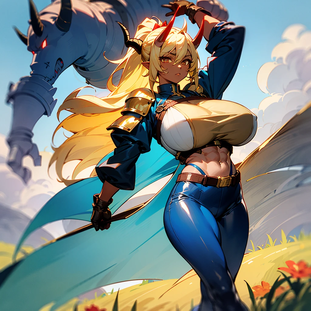 ((best quality)), ((masterpiece)), (detailed), 1girl, off-shoulder sweater, 8k_wallpaper, extremely detailed eyes, extremely detailed body, (large masterpiece digital art), ((perfect anatomy huge chest)), (intricate details:1.3), (ultra-detailed:1.3), (sharp focus:1.3), (natural lighting:1.05), (vivid colors:1.3), (best quality:1.4), high quality, expressive eyes, full body, tall girl, detailed face, beautiful face, perfect face, woman with golden eyes and a tail of lush yellow sandy hair, a predatory smile, a grin, tanned dark bronze skin, huge chest, powerful sculpted abdominal muscles, powerful sculpted leg muscles, powerful sculpted thigh muscles, powerful sculpted arm muscles, naked breasts with large nipples, nipple piercings, large gold rings, leather shorts through which they stand out outline of a pussy, walking through the forest, trees with blue foliage and white flowers,