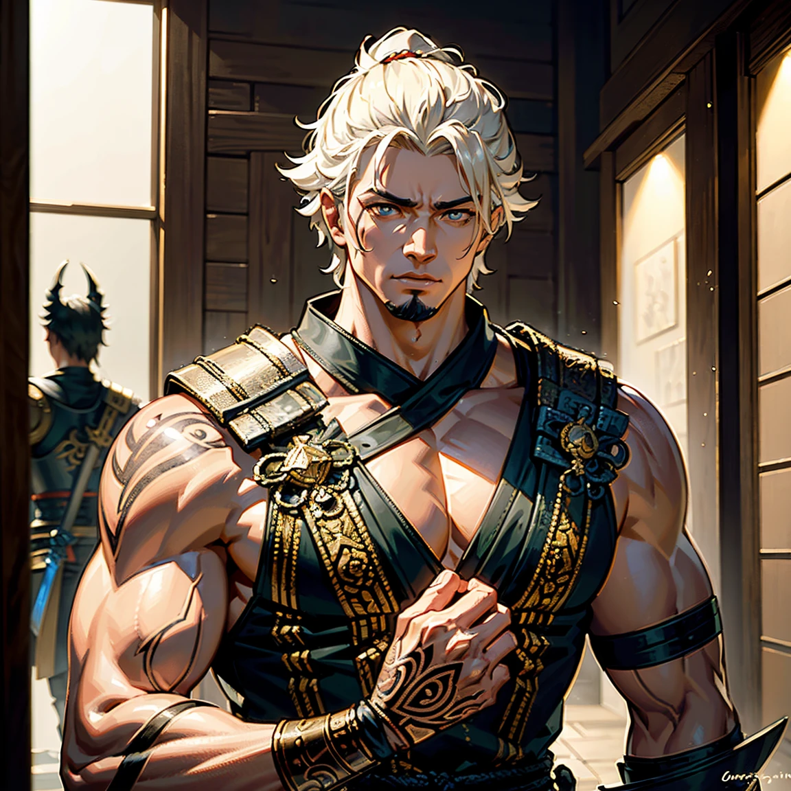 a muscular man with light skin, tan, short white hair, 6.2 feet tall, wearing Japanese style ronin clothing, glowing eyes, carrying two swords like Musashi Miyamoto, tattoo on left arm, glove on right arm, (best quality,4k,8k,highres,masterpiece:1.2),ultra-detailed,(realistic,photorealistic,photo-realistic:1.37),intricate details, dramatic lighting, cinematic angle, epic fantasy art