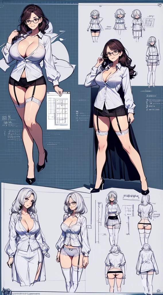 girl, alone, whole body, From head to toe, Are standing, (Huge Saggy Tits:1.3),
Character design sheet, Character Reference Sheet, 設計図のSchematic, Drafting, Blueprint, Schematic,
((Character design sheet:1.7, Character Reference Sheet:1.7,)),
anime/cartoon character wearing a girls , 1girl, alone, ,Mature Woman,Cleavage,Long sleeve,Collared shirt,White shirt,,(Tight Skirt),((garter belt)),(High heels),Skirt Suit,mini skirt,office lady,Long Hair, bow, , (Very short skirt:1.4), (lingerie:1.5),secretary,Thin glasses, (In underwear:1.8),nsfw,Full nudity、